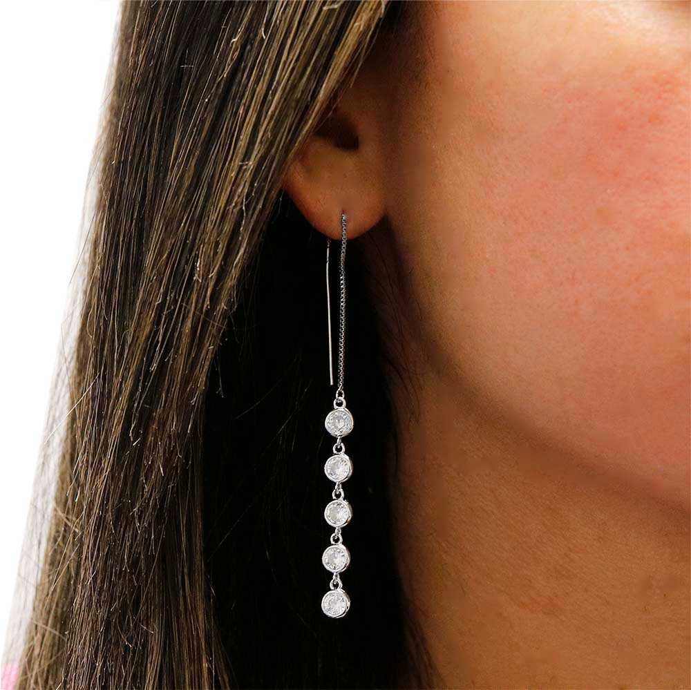 Multi Crystal Threader Drop Earrings Made With Swarovski Elements On Ear