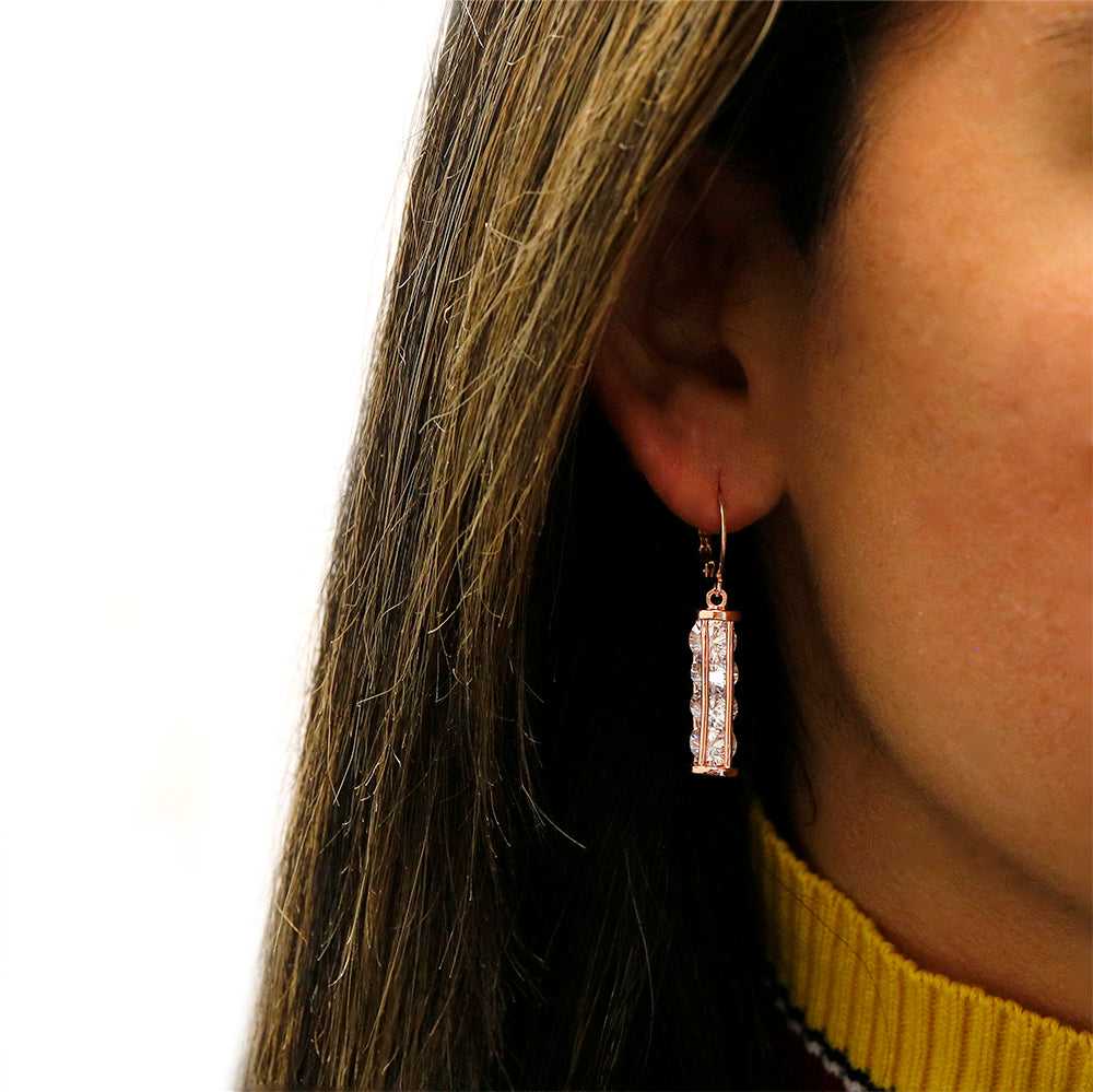 18K Rose Gold Swarovski Crystal Stacked Drop Earrings On Ear