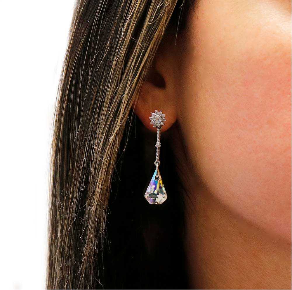 Aurora Borealis Swarovski Crystal Drop Earrings On Ear