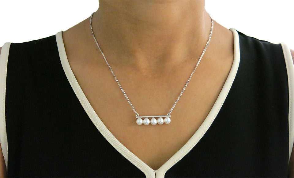 Silver Pearl Bar Necklace On Neck