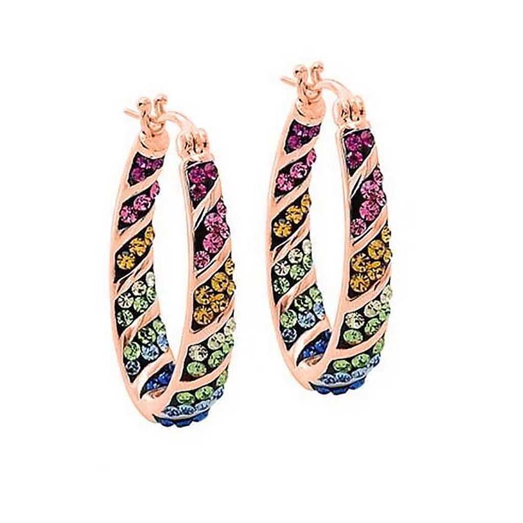 18kt Rose Gold Plated Graduated Multi Color Crystal Hoop Earrings