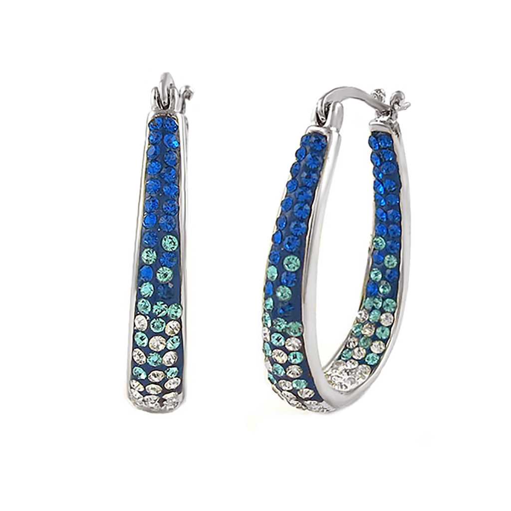 18kt White Gold Plated Graduated Montana Blue Crystal Hoop Earring