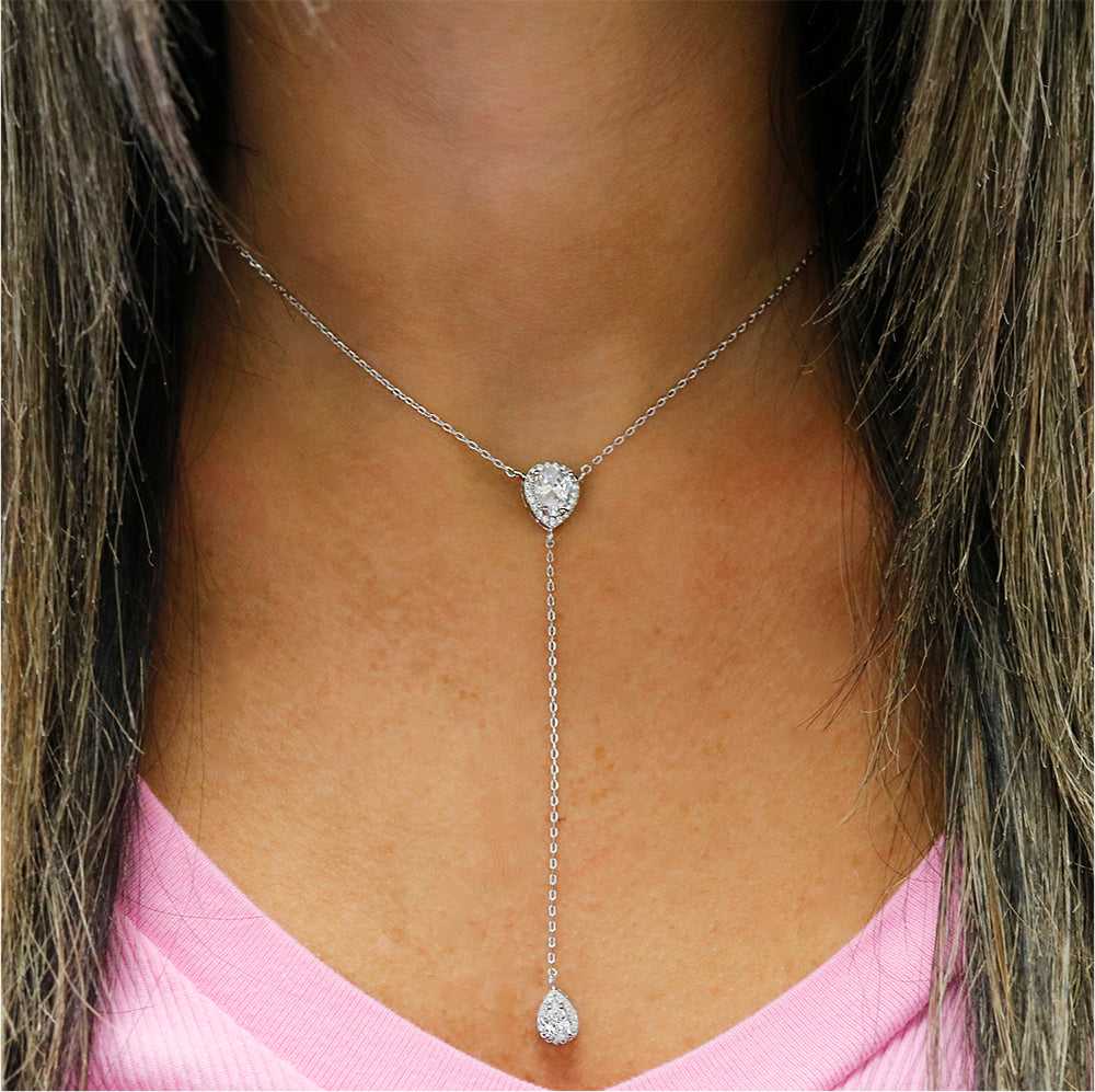 Pear Cut Crystal Lariat Necklace Made With Swarovski Elements On Neck