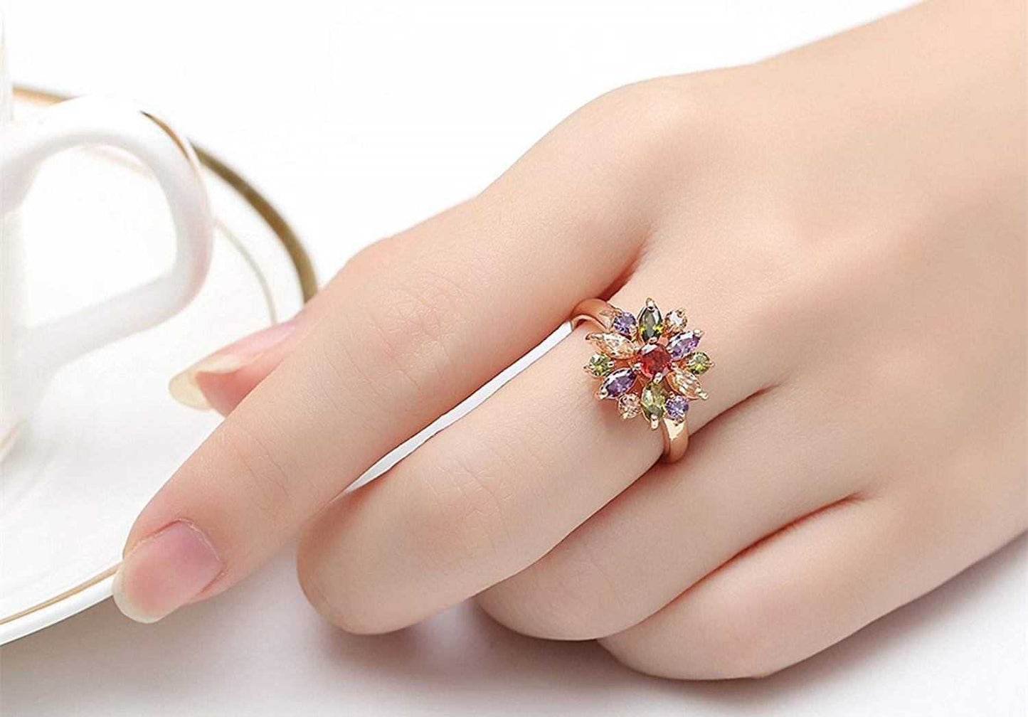 18K Rose Gold Plated Multi Color Rainbow Flower Ring On Finger