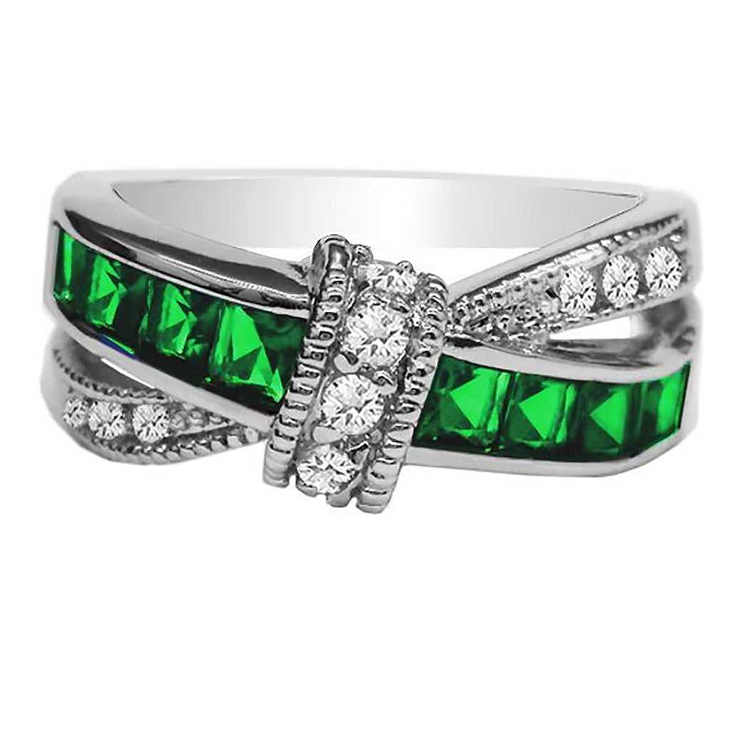 3.00 CTW Emerald Cubic Zirconia Criss Cross Ring in 18kt White Gold