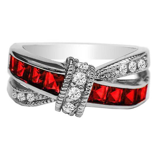 3.00 CTW Ruby Cubic Zirconia Criss Cross Ring in 18kt White Gold