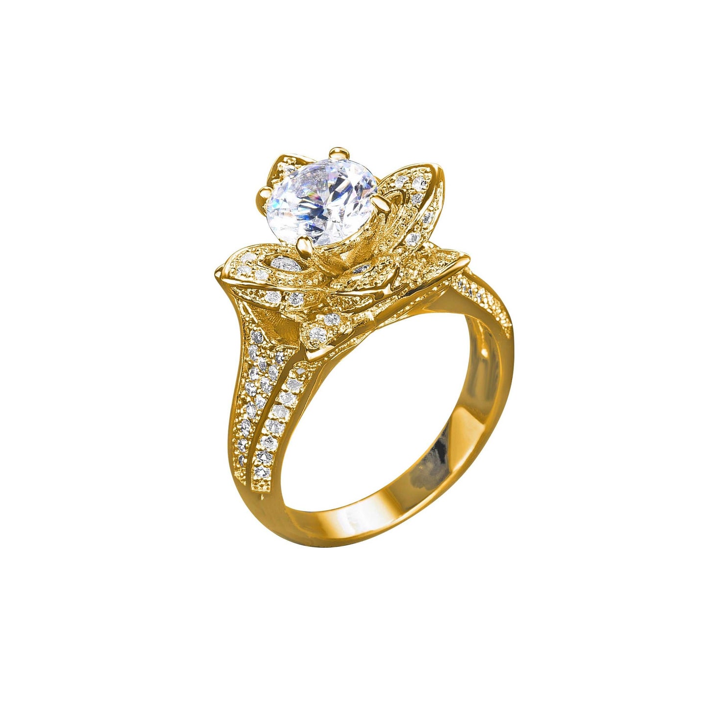 Gold Cubic Zirconia Micropavé Flower Rings Side View