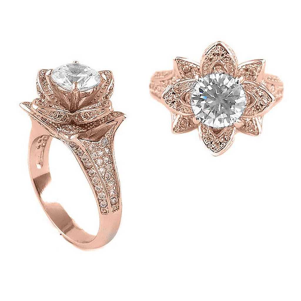 Rose Gold Cubic Zirconia Micropavé Flower Rings Side And Top View