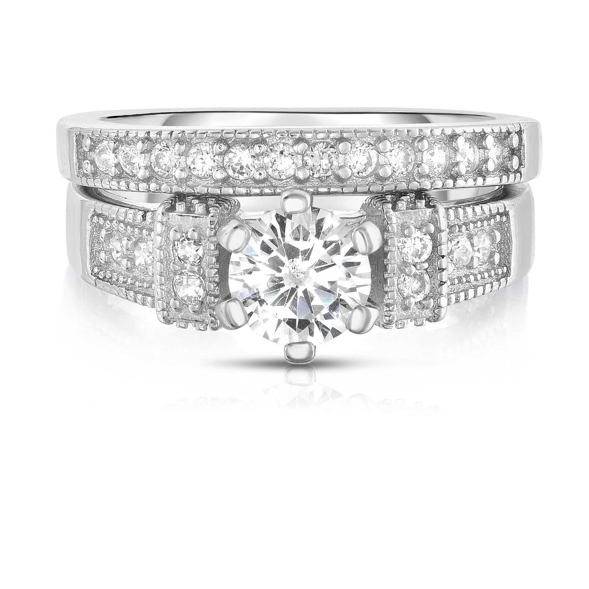 Sterling Silver Cubic Zirconia Bridal Ring and Band Set Top View
