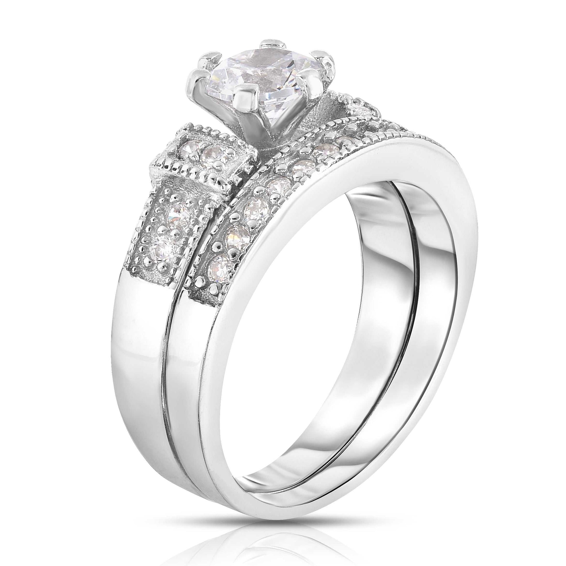 Sterling Silver Cubic Zirconia Bridal Ring and Band Set Side View
