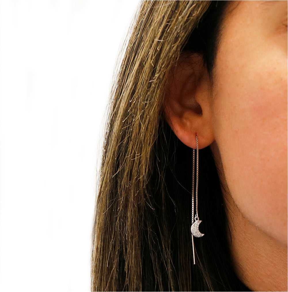 Sterling Silver Star And Moon Threader Earrings On Ear