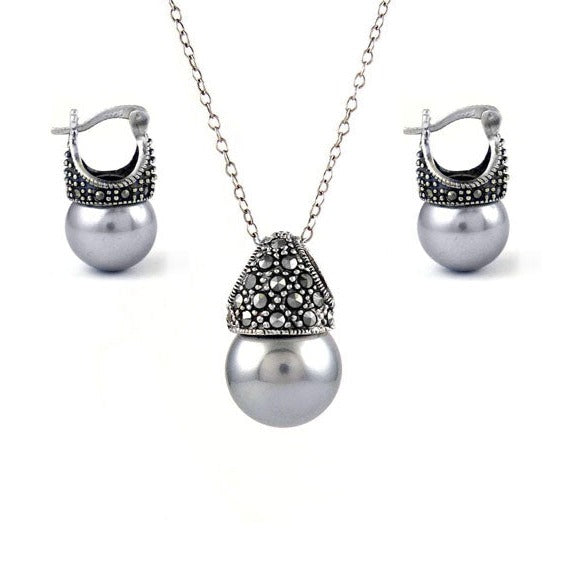 Grey Genuine Marcasite And Pearl Sterling Silver Earring And Necklace Set