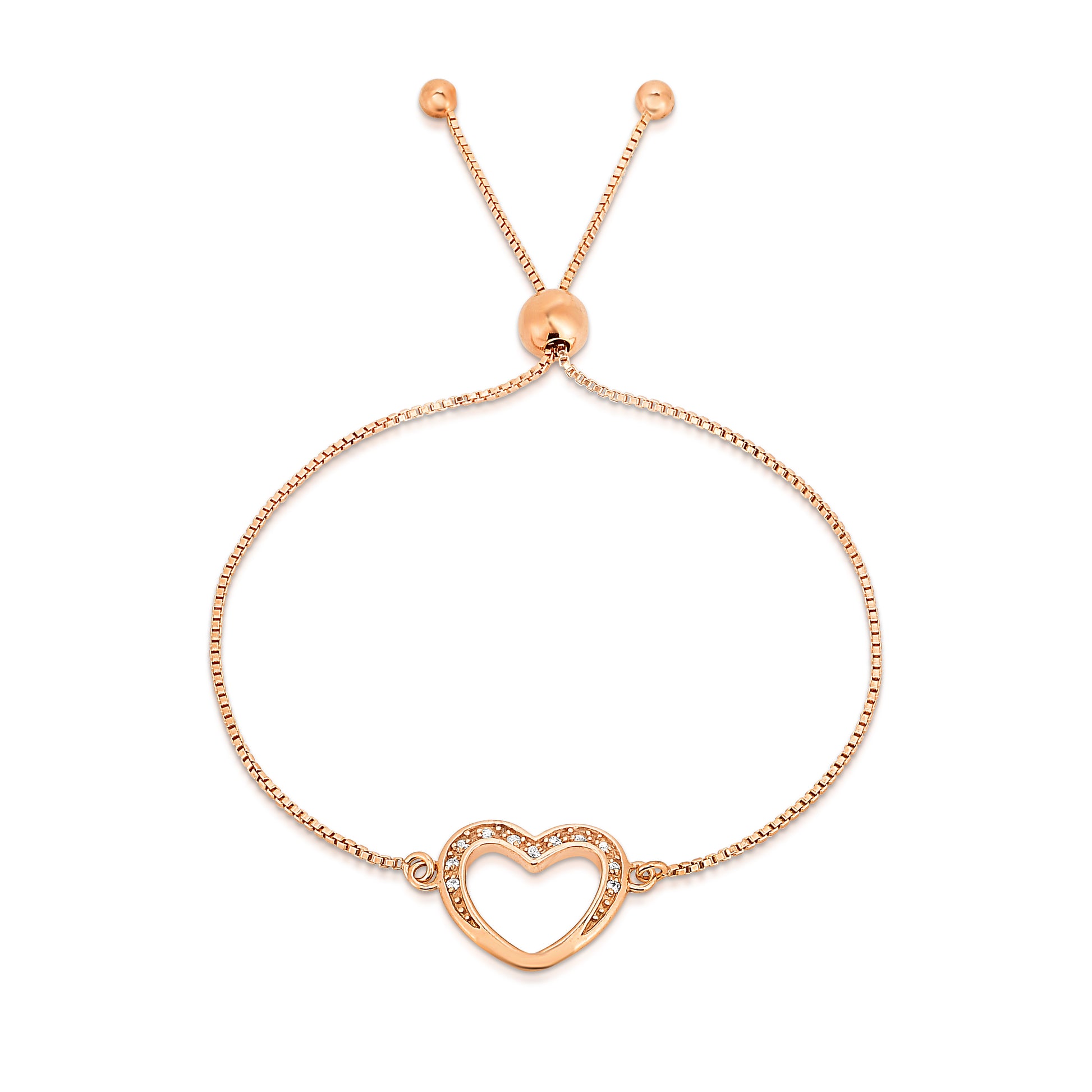 Rose Gold Italian Sterling Silver Adjustable Heart Charm Bracelet