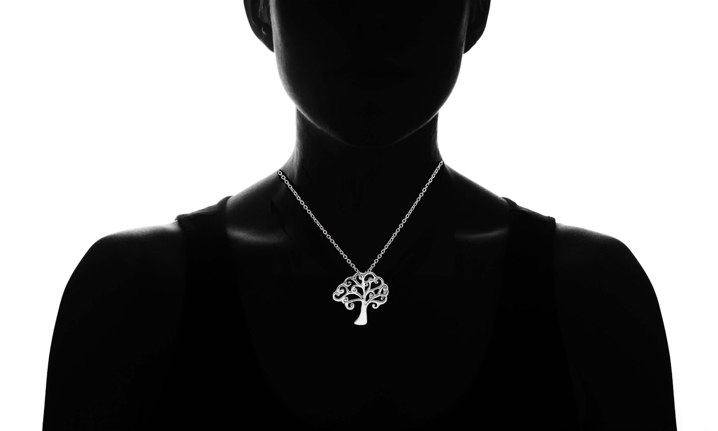 Italian Sterling Silver Tree Of Life Heart Necklace On Neck Silhouette