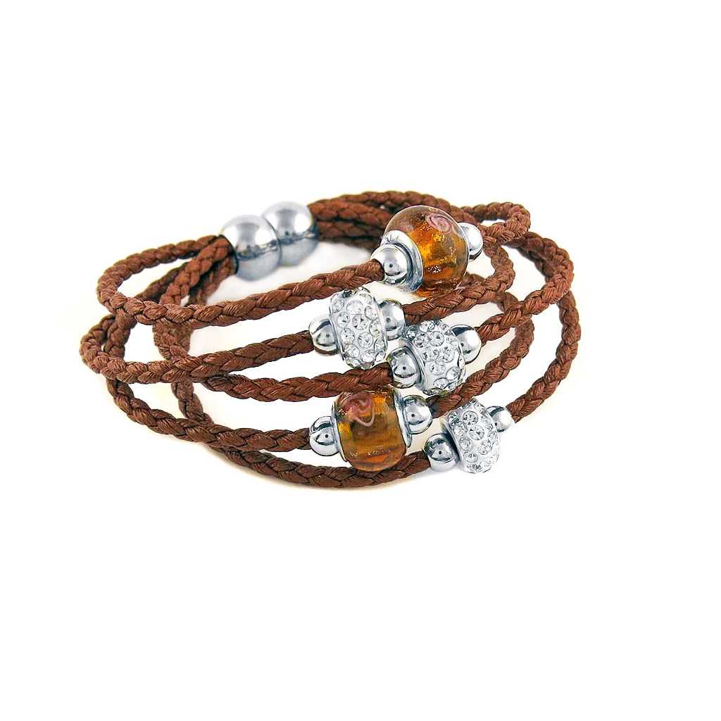 Brown Braided Leather Bracelet with Murano Beads and Austrian Crystals