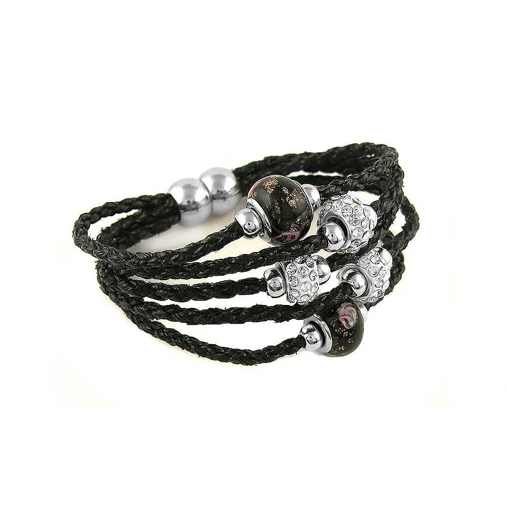 Black Braided Leather Bracelet with Murano Beads and Austrian Crystals