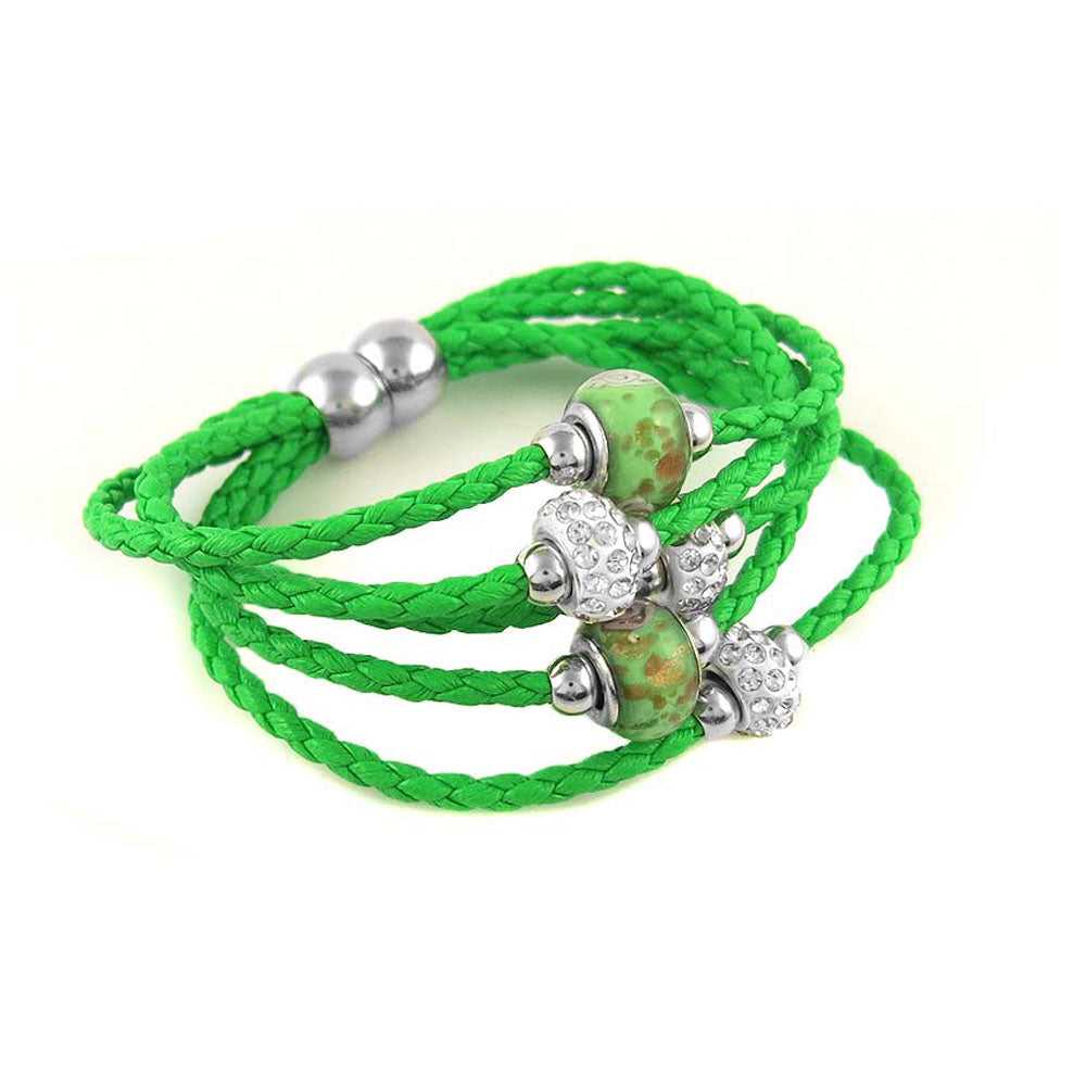 Braided green leather Bracelet with Murano beads and Austrian Crystals