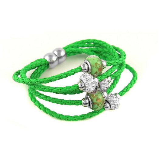 Braided green leather Bracelet with Murano beads and Austrian Crystals
