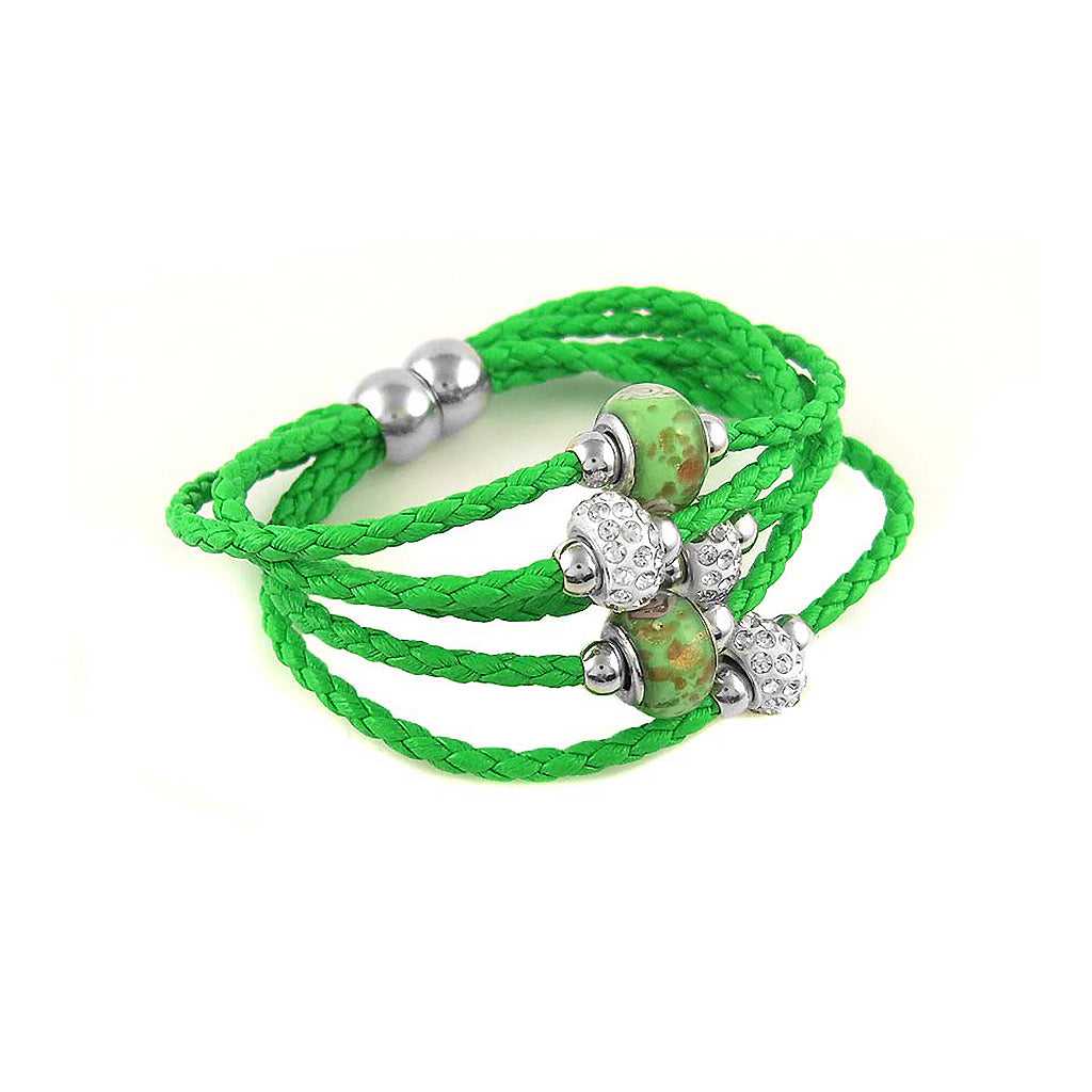 Green Braided Leather Bracelet with Murano Beads and Austrian Crystals