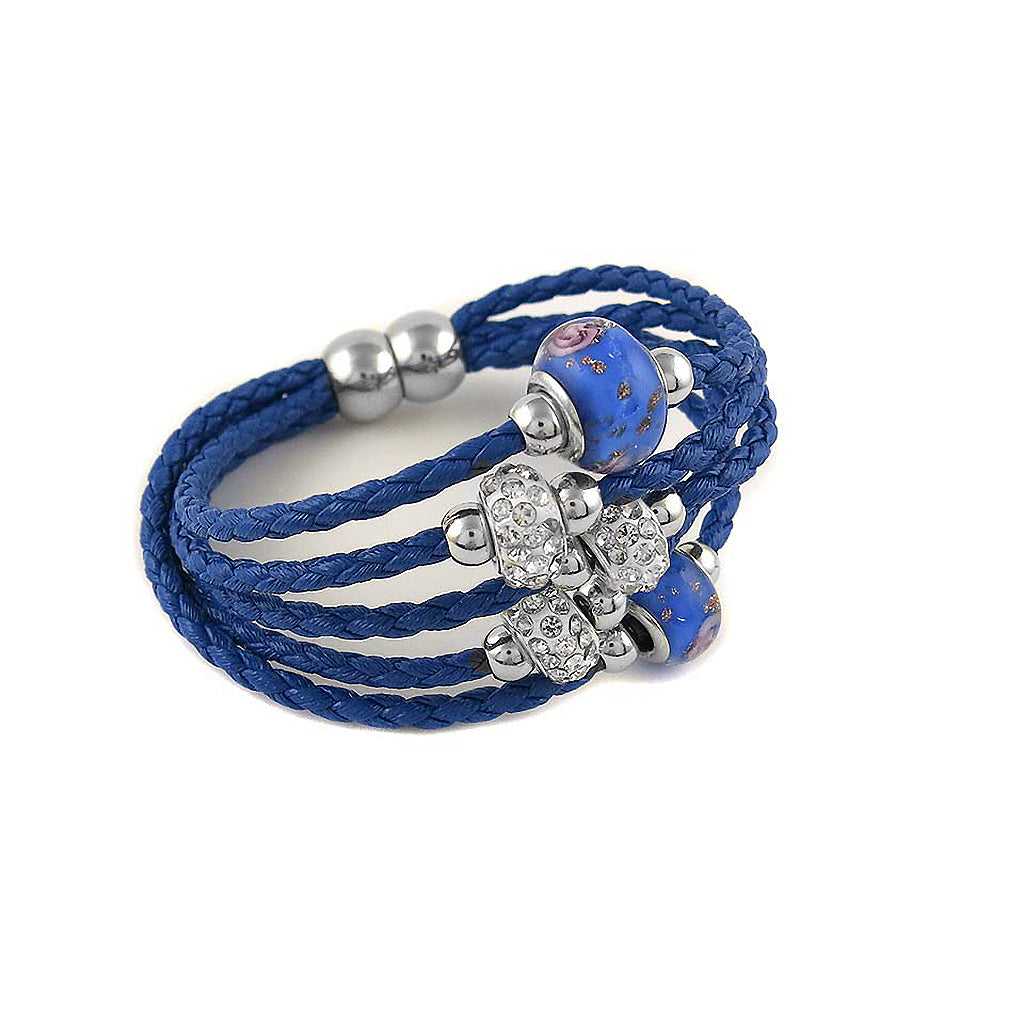 Blue Braided Leather Bracelet with Murano Beads and Austrian Crystals