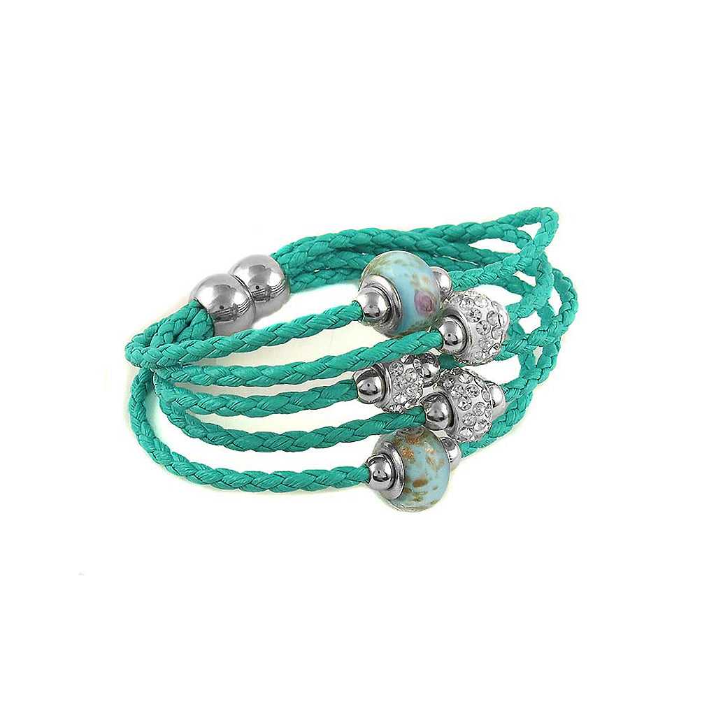 Turquoise Braided Leather Bracelet with Murano Beads and Austrian Crystals