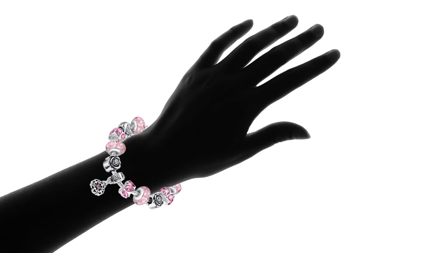 Pink Murano Bracelet With flower Charm and Austrian Crystals