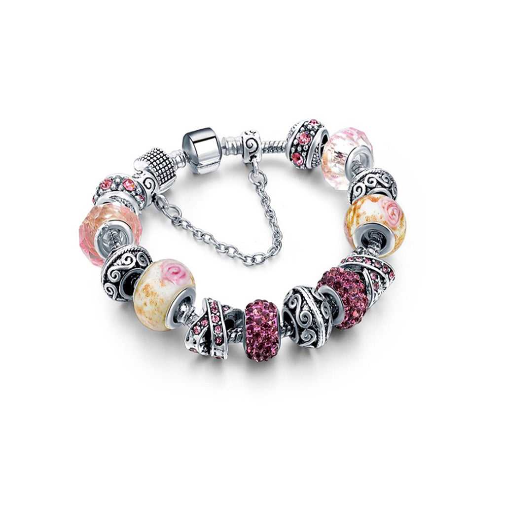Pink Genuine Murano And Crystal Charm Bracelet Made With Swarovski Elements