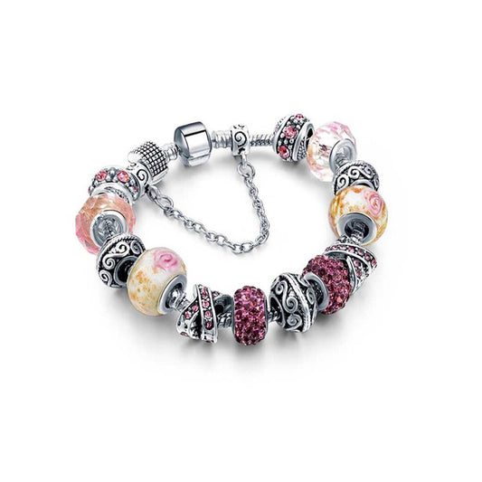 Pink Genuine Murano And Crystal Charm Bracelet Made With Swarovski Elements