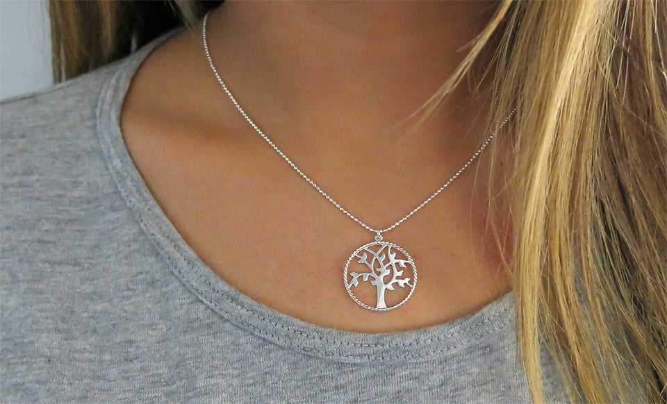 Silver Italian Sterling Silver Diamond Cut Tree Of Life Necklace On Neck