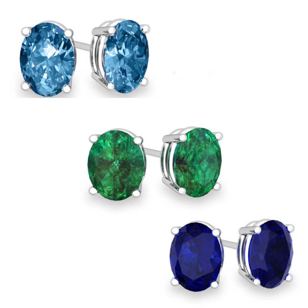 Sterling Silver Emerald, Sapphire, or Blue Topaz Oval Cut Studs
