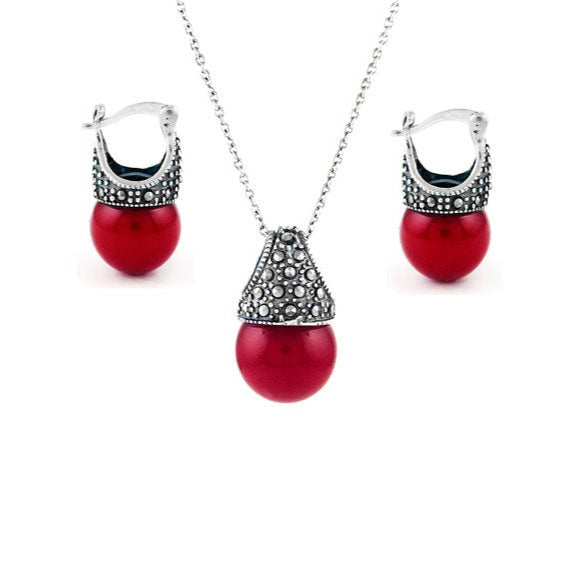 Red Genuine Marcasite And Pearl Sterling Silver Earring And Necklace Set