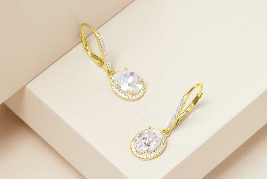 Gold Oval Cut Crystal Halo Leverback Drop Earrings Made With Swarovski Elements