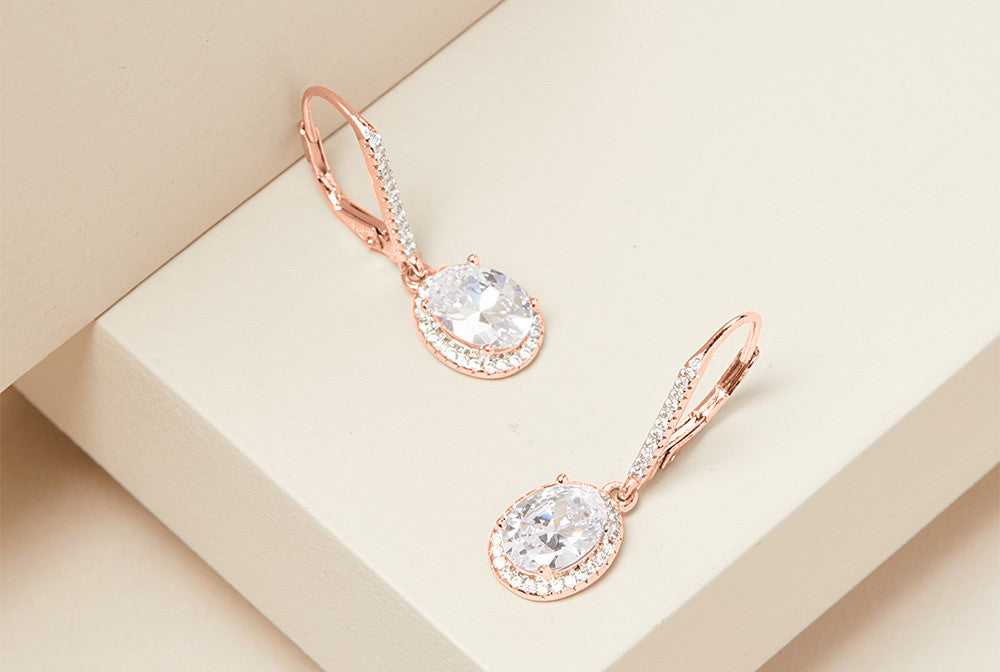 Rose Gold Oval Cut Crystal Halo Leverback Drop Earrings Made With Swarovski Elements