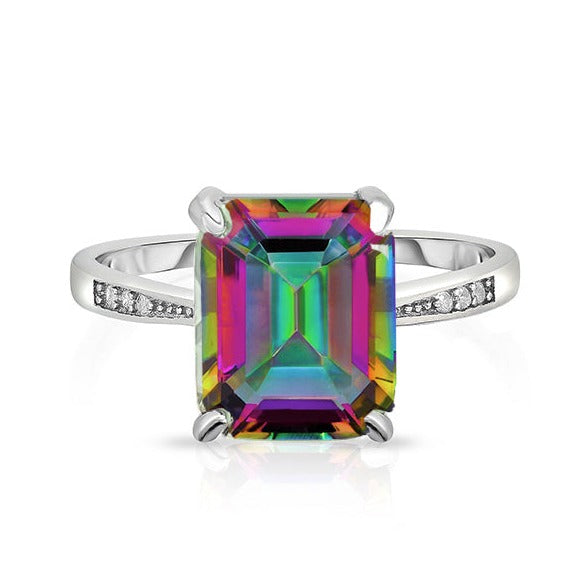 Rainbow Topaz Genuine Emerald Cut Gemstone Sterling Silver Ring
