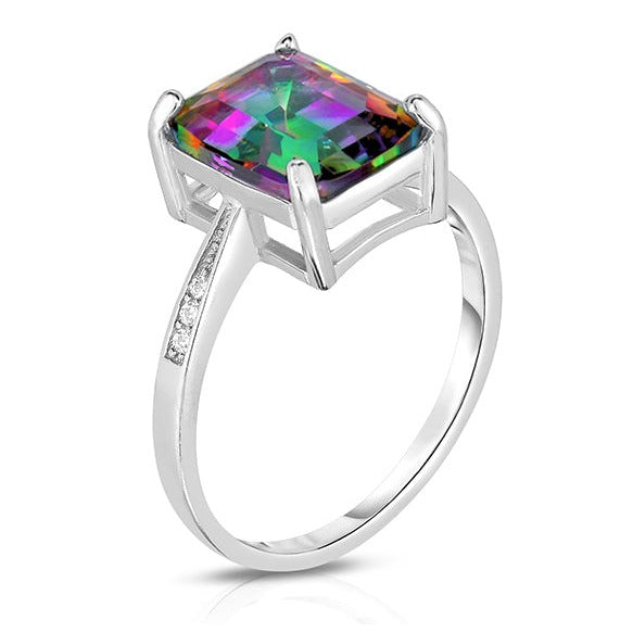 Rainbow Topaz Genuine Emerald Cut Gemstone Sterling Silver Ring