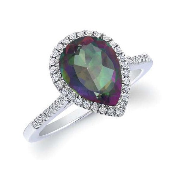 Rainbow Topaz Genuine Gemstone Pear Cut Halo Sterling Silver Rings