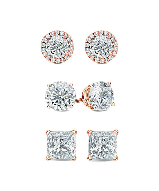 Set of 3 Rose Gold Sterling Silver Stud Earring Collection