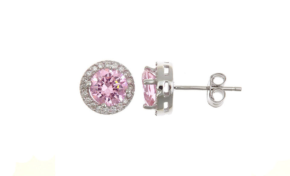 Pink Sterling Silver Halo Studs