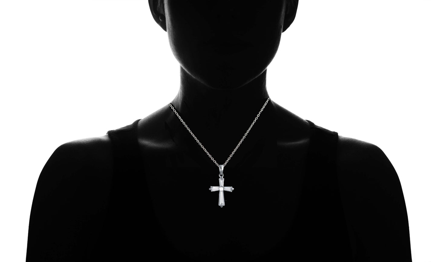 Sterling Silver Emerald Cut Cubic Zirconia Cross Necklace On Neck Silhouette