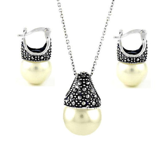 White Genuine Marcasite And Pearl Sterling Silver Earring And Necklace Set